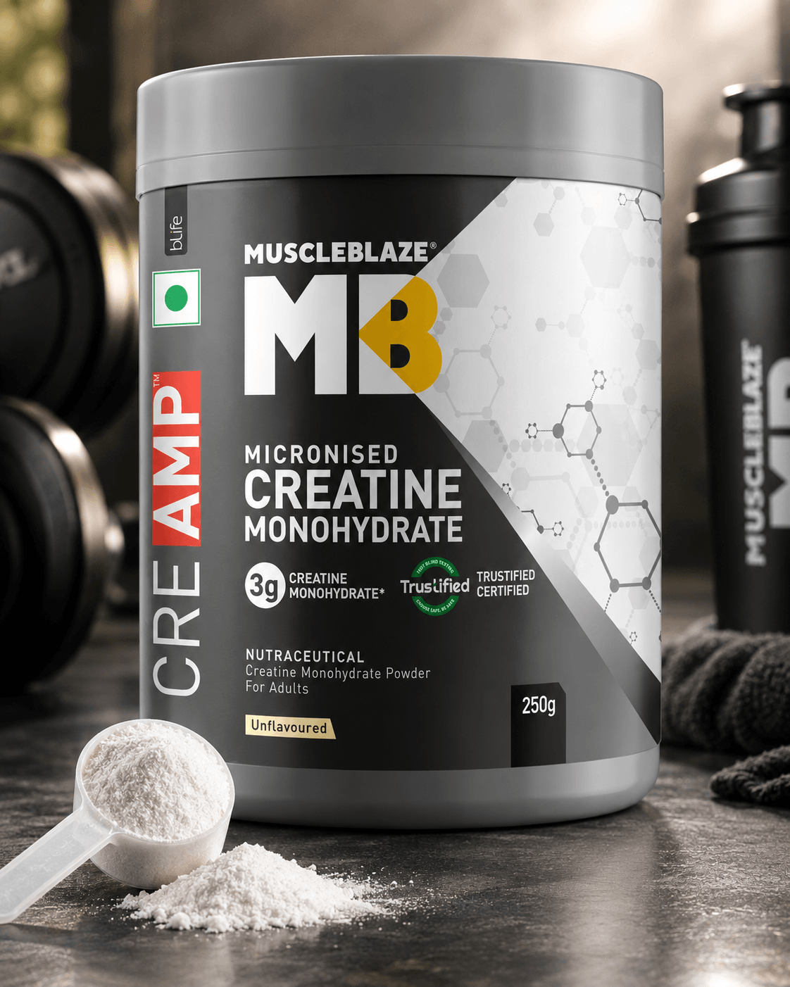 MuscleBlaze Micronised Creatine Monohydrate CreAMP Powder, 250g | Unflavoured, 80 Servings |